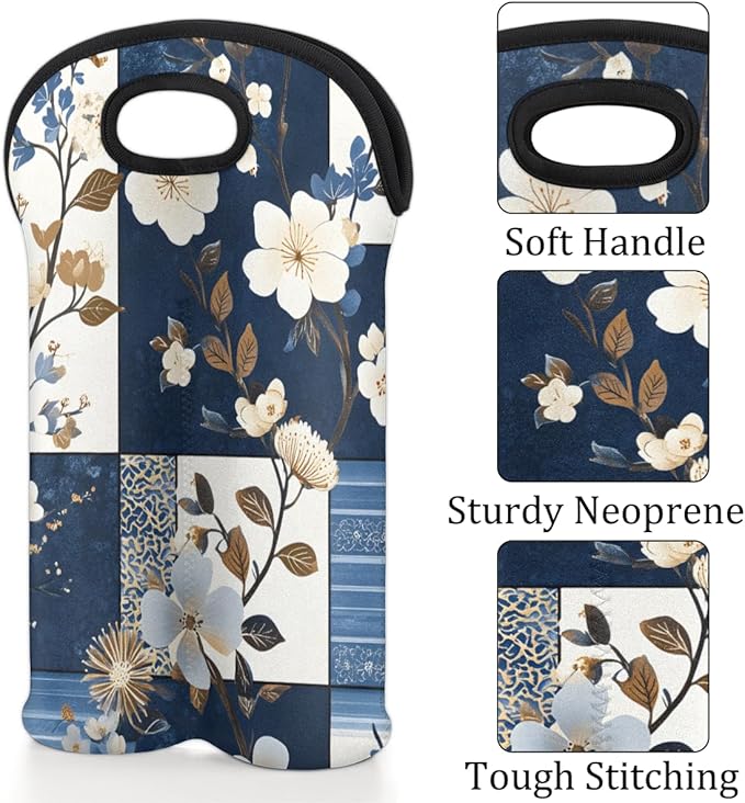 Neoprene Wine Tote, Bottle Carrier Gag Insulating Neoprene Thicker, Insulated Wine Bag for Travel Holds Two Bottles, Bottle Carrier Bags Protect the Bottles, Blue Flowers