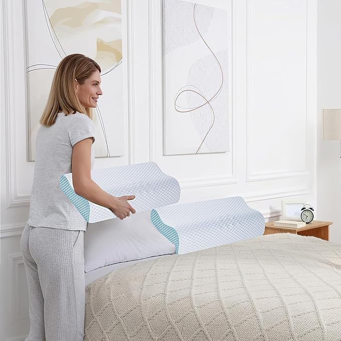 Neck Pillow Memory Bed Foam Pillows - Neck Support Pillow for Pain Relief, Ergonomic Cervical Pillow for Sleeping, Orthopedic Contour Bed Pillow for Side, Back, Stomach Sleepers,Blue