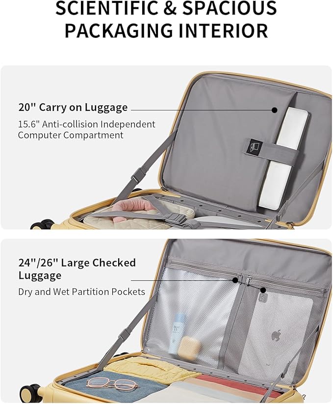 aji Expandable Top Opening Carry On Luggage Airline Approved, 20 Inch Lightweight Hardside Carry On Suitcase with Spinner Wheels, Travel Luggage with Laptop Compartment for Women Men, Cheese Yellow