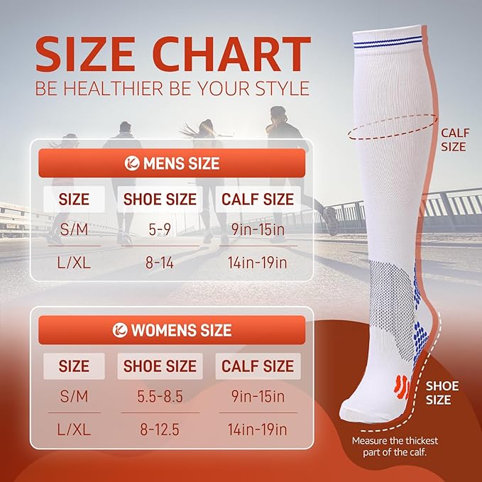 Kickticks 4 Pairs Compression Socks for Woman & Man Unisex 20-30mmHg Knee high Plus Size Wide Calves for Flying Running…