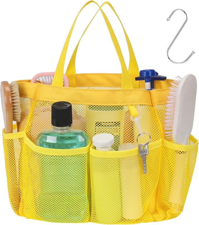 F-color Mesh Shower Caddy Portable, Upgrade Deeper 7 Pockets Shower Bag Basket Tote for College Dorm Room Toiletry Bathroom Essentials Gym Camp Quick Dry 2 handles with S Hook, Yellow