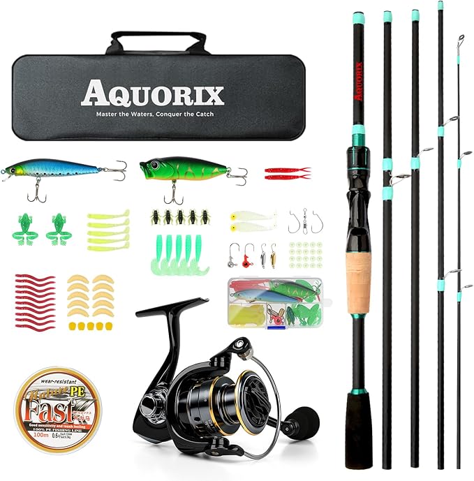 Fishing Pole Combo Set – Spinning & Baitcasting Travel Lure Rod Kit, Medium Power, X-Fast Action, 5'11"/6'11", 4/5-Piece Carbon Fiber Rod with Bag & Accessories