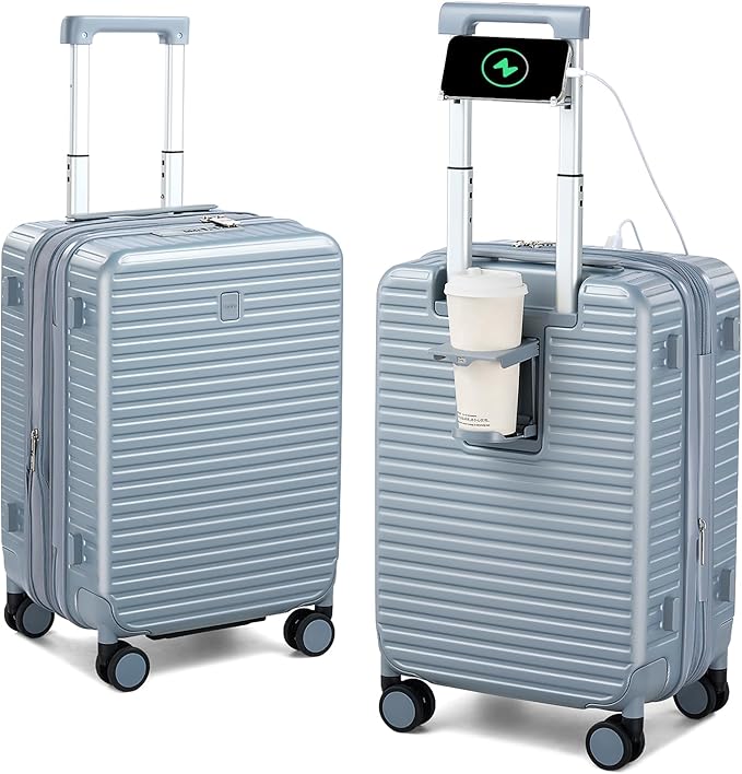Hard Shell Suitcases Airline Approved 20 Inch Carry on Luggage with Wheels, Expandable Travel Luggage with Cup Holder Charger Built in Lightweight Small Suitcase, Silver