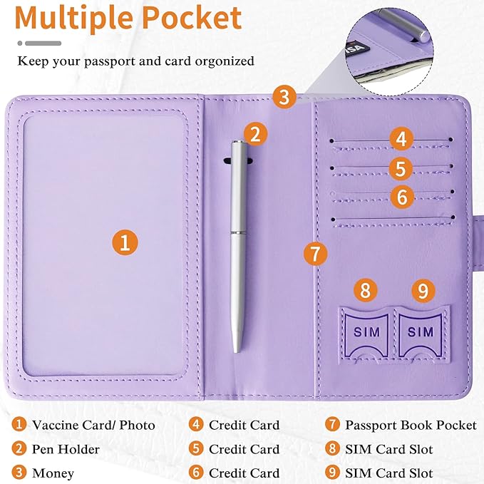 TIGARI Passport Holder for Travel Women Men, PU Leather Waterproof RFID Passport Holder Wallet Cover Case Sleeve, Family Vacation Plane Cruise Travel Document Organizer Essentials-Purple