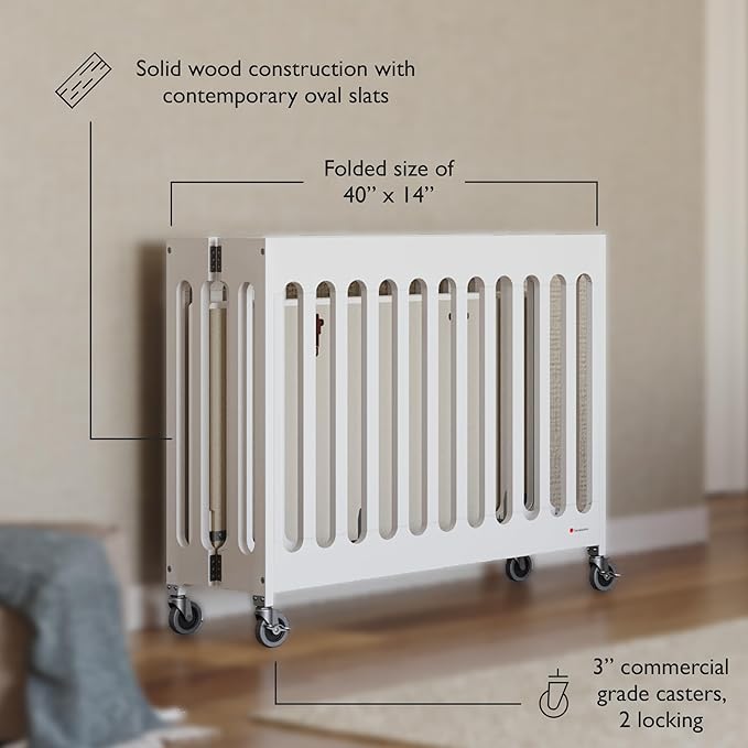 Foundations Boutique Folding Mini Baby Crib - Compact, Portable, Wooden Hotel Crib, Foldable Mini Crib for Baby & Toddlers - Includes 3" Foam Mattress, White