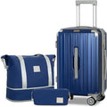 Romswi 3-Piece Carry-On Luggage Set with Cup Holder TSA Lock, 20" Hardside Spinner Suitcase with Duffel Bag, Lightweight Durable PC+ABS Navy Travel Luggage