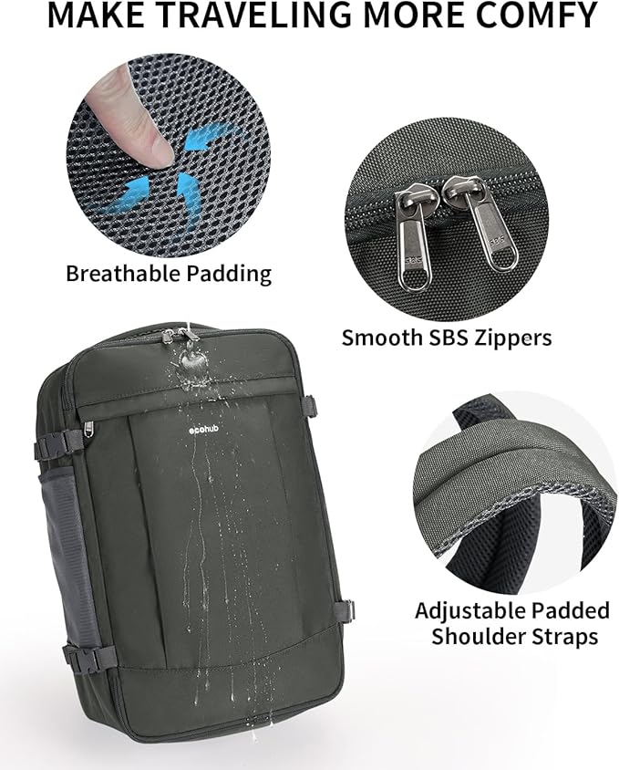 ECOHUB Travel Backpack for Men Women, Carry on Backpack with USB Charging Hole, Spirit Airlines Personal Item Bag Flight Approved, 15.6 Inch Laptop Backpack with Anti Theft Pockets, 30L, Grey Green