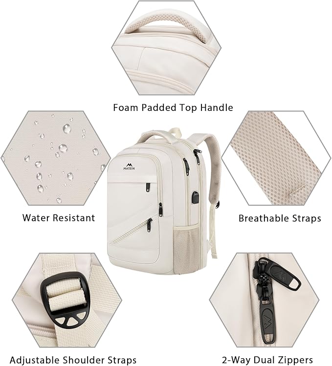 MATEIN Extra Large Travel Backpack for Women, 18 Inch TSA College Backpack with Multiple Pockets and USB Charging Port, 50 L Business Work Carry On Computer Bags, Cream Beige