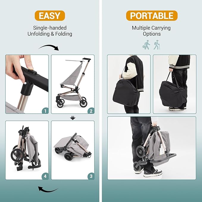Jojoka Lightweight Stroller for Airplane,Compact Strollers for Travel,Foldable Toddler Pushchair with Carry Bag, Storage Basket, Rear Brakes, Adjustable Awning(Grey)