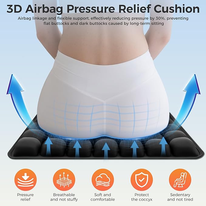 Inflatable Seat Cushion, Airplane Seat cushion for Long flights Without Air Pump, Pressure Relief Seat Cushion, Wheelchair cushions Applicable to Various Scenarios, Relief Discomfort in Coccyx&Buttock