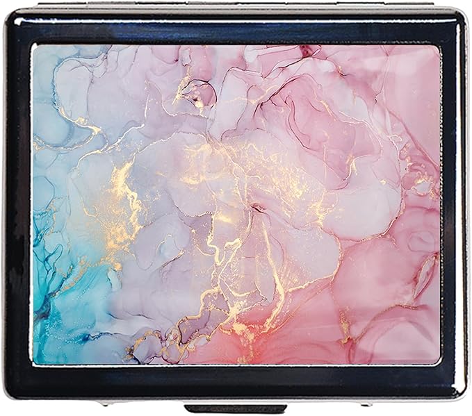 Silver Vintage Pill Box 7 Day Metal Pill Box with Mirror and 8 Compartments Cute Travel Pill Organizer for Purse (Gold Pink Marble)