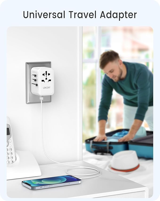 LENCENT Universal Travel Adapter, GaN III 65W International Charger with 2 USB Ports & 3 Type-C PD Fast Charging, Worldwide Outlet Adaptor for iPhone,Laptops, Type A/C/G/I (USA/UK/EU/AUS)