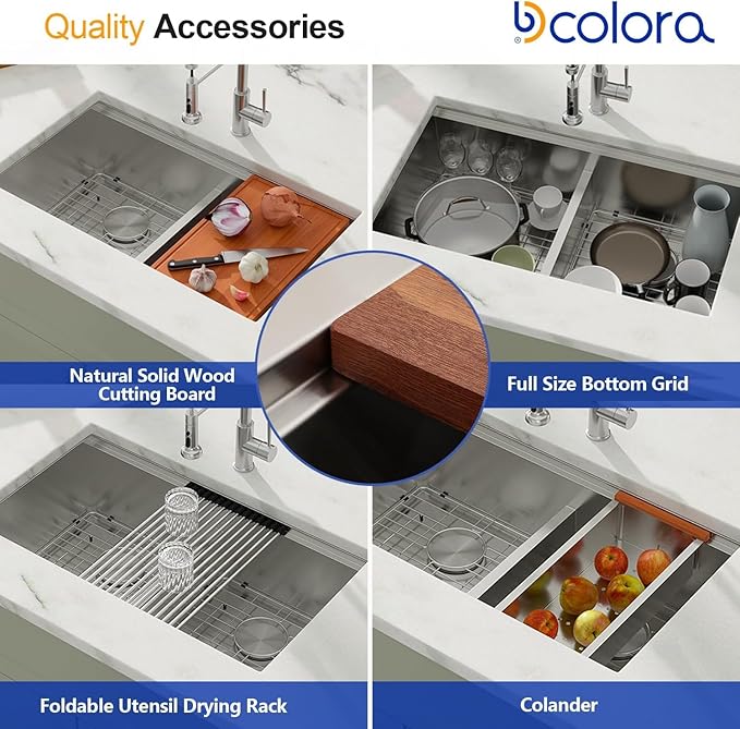 Dcolora 33 In. Double Bowl Kitchen Sink Undermount Sink Workstation Stainless Steel 50/50 Split Low Divided 16 Gauge Under Counter Basin, 33"x19"x10",DC-U-1111