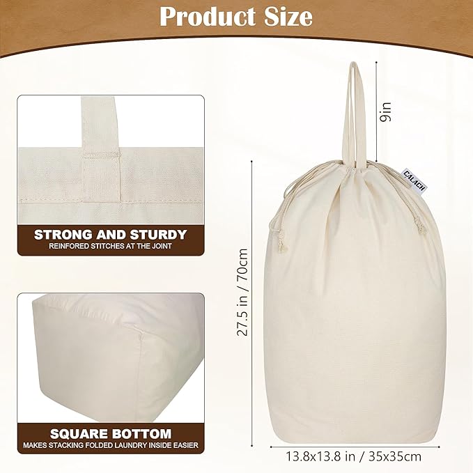 Canvas Laundry Bags with Handles & Square Base13.8"x 13.8", Large Heavy Duty Laundry Basket Hamper Liner, College Dorm Washable Drawstring Cotton Dirty Clothes Bag (Natural,2 Pack)