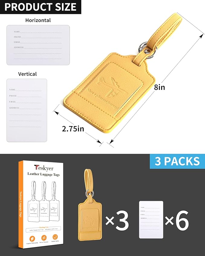 Teskyer Luggage Tags, 3 Pack Premium PU Leather Luggage Tags for Suitcases, Privacy Protection Travel Bag Tags, Lichee Yellow