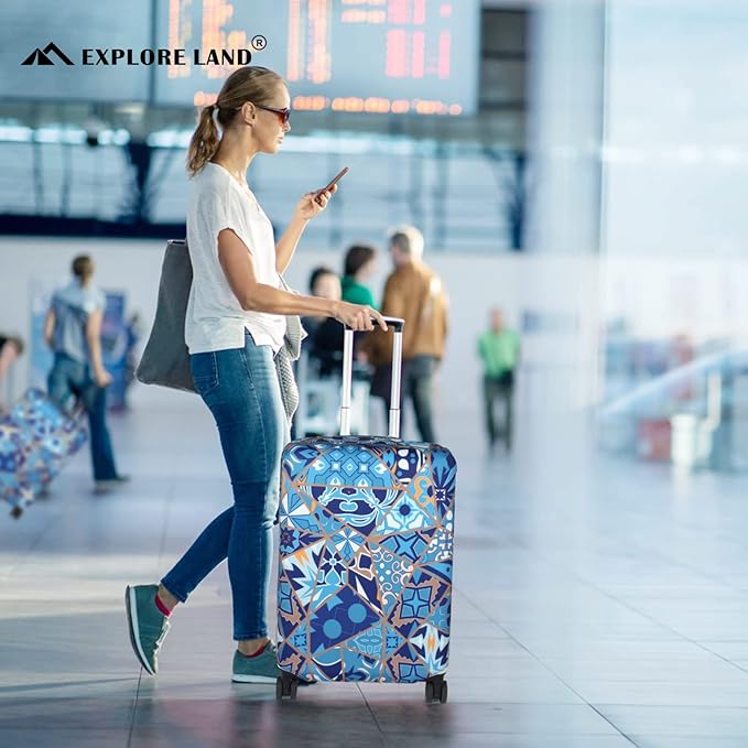 Explore Land Travel Luggage Cover Suitcase Protector Fits 31-32 Inch Case (Portuguese tiles, XL)