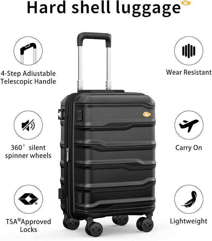 Carry On Luggage 22x14x9 Airline Approved, 20 Inch Ultra Lightweight Hardshell Suitcase with 8 Spinner Wheels & TSA Lock, Fits United, Delta, American Airlines Overhead Bins, Black