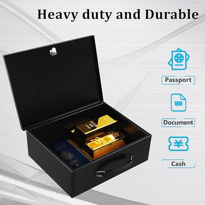 Dalmbox Portable Metal Safe Box with Key Lock - Fire Resistant Storage for Documents, Car, Home and Outside - X Large 13.2"x 11"x 5.1" Black Box