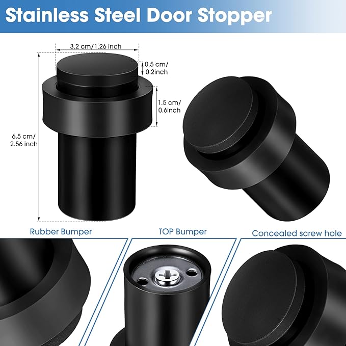 Chumia 30 Pcs Door Stopper Mounted Floor Stops Stainless Steel Cylindrical Stopper Modern Decorative Rubber Bumper Stops Holder Wall Protector for Bottom or Top of Door (Black)
