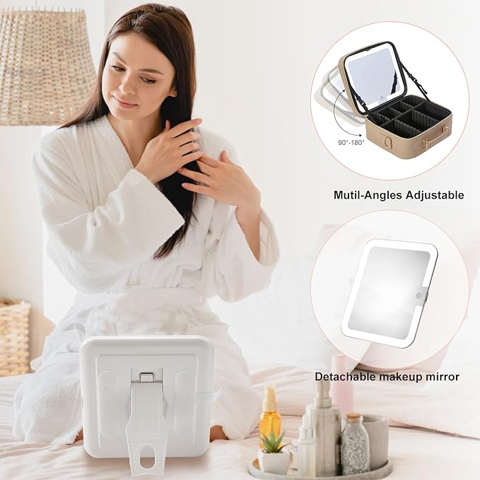 Mocado Travel Makeup Bag with LED Lighted Mirror,Travel Makeup Organizer,Makeup Case with 3 Color Lighted Setting and 10x Magnifying Mirror,Portable Storage and Adjustable Dividers Makeup Box(Khaki)