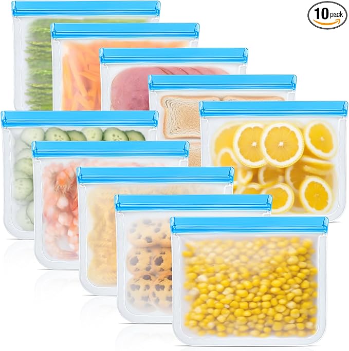 10 Pack Reusable Storage Bags, Dishwasher Safe Reusable Food Storage Bags, Silicone Leak proof Freezer Bag for Lunch, Sandwich, Snack, Marinate Meat, Salad Fruit