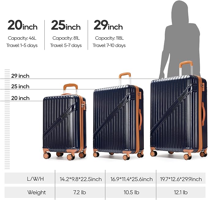 GinzaTravel Luggage Sets 3-Piece Expandable Suitcases with Wheels PC+ABS Durable Hardside Luggage sets TSA lock