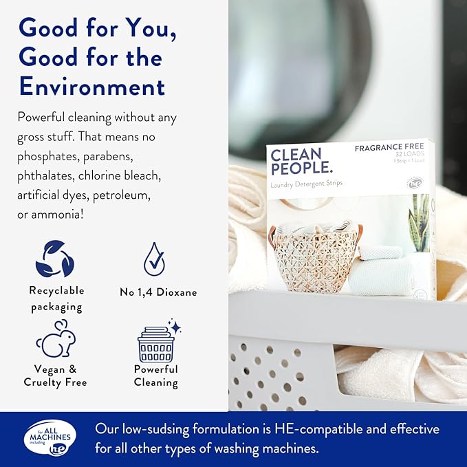 The Clean People Laundry Detergent Sheets - Laundry Soap - Ultra Concentrated, Recyclable Packaging, Stain Fighting - Fresh Scent, 32 Pack