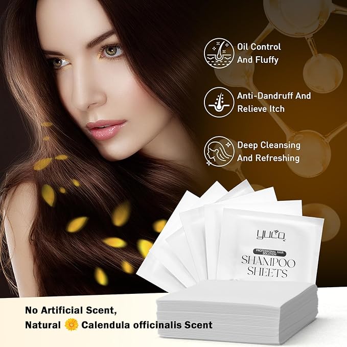 YUCO Travel Hair Shampoo Sheets Travel Pack 25 Tablets,Individual Sachet,for Hair Washing,Calendula officinalis Scent,For Gym,Camping,Vacation,Hotels,Hospital,Business Trip,Flight Travel Essentials