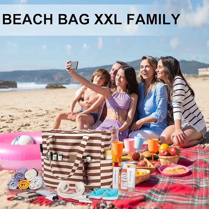 LEDAOU Beach Bag Waterproof Sandproof Women Tote Bag Pool Bag with Zipper for Gym Grocery Travel with Wet Pocket