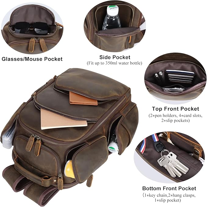 TIDING Vintage Full Grain Leather 16 Inch Laptop Backpack for Men Multi Pockets Travel Rucksack Weekend Business Daypack_Large