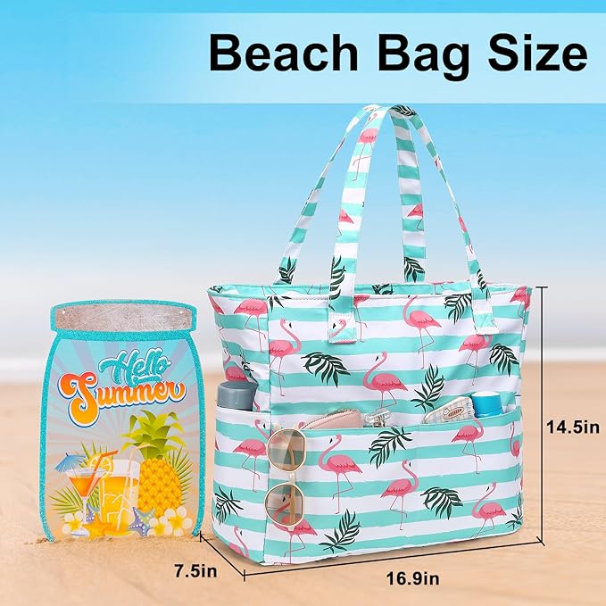 LEDAOU Beach Bag Waterproof Sandproof Women Tote Bag Pool Bag with Zipper for Gym Grocery Travel with Wet Pocket