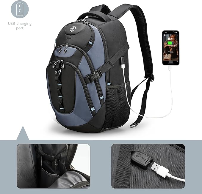 Swissdigital Design Laptop Backpack with USB Charging Port, TSA Travel Backpack Fits 15.6 inches Computer, 31L College School Backpack for Men, Haze Blue/Black | SD803