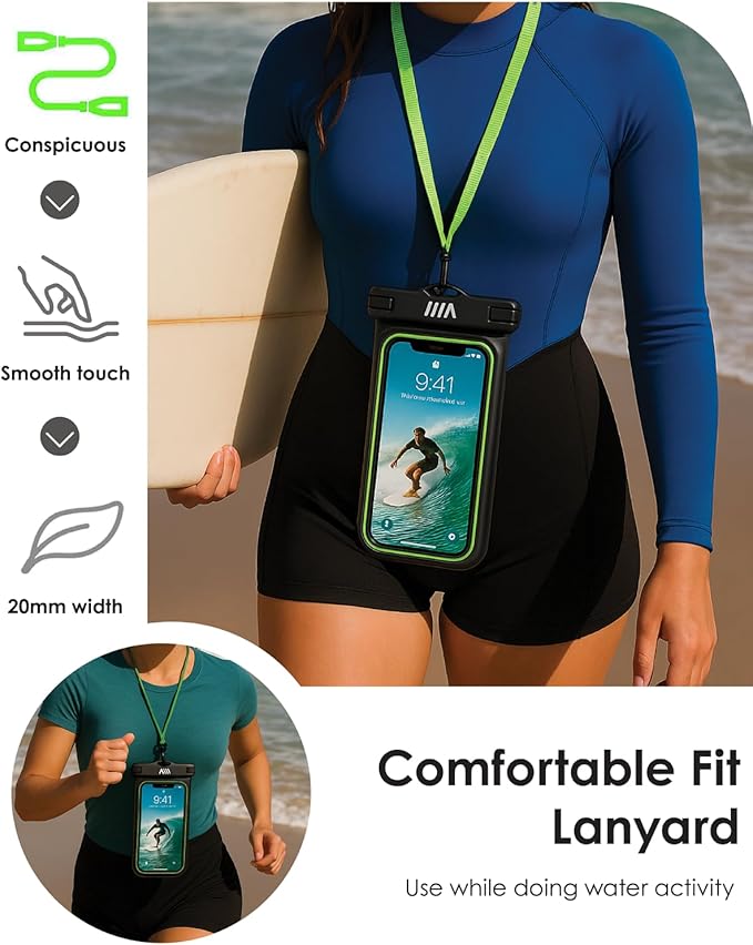 【2025 Upgraded】 8 Pack Black - IP68 Waterproof Phone Pouch Floating Design No Sink Waterproof Phone Case - Beach Pool Travel Essentials - Works w/All Phones - Detachable Lanyard - Black/Hi-Vis Green
