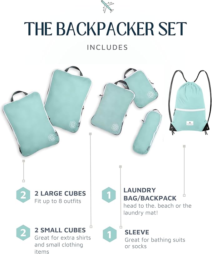 Large Compression Packing Cubes 6 Piece Set for Travel with Lightweight Laundry Bag/Drawstring Backpack for Carry-On Suitcase (Teal/White)
