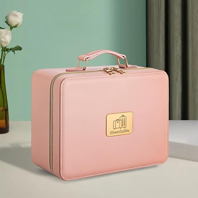 Makeup Bag with LED Mirror & Magnifier, Large Cosmetic Organizer Travel Makeup Case with Adjustable Brightness & 6 Detachable Dividers, Portable Makeup Storage for Women Girls (Pink)