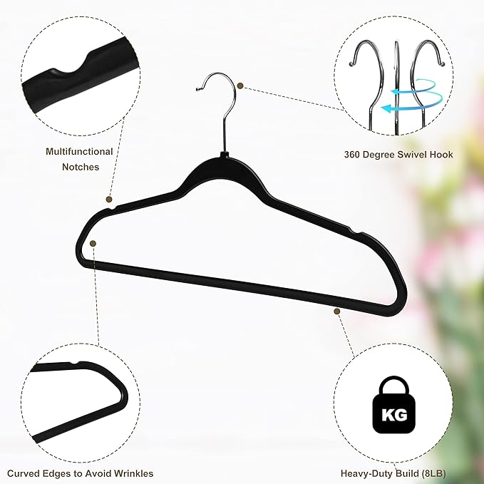 Quality Hangers 160 Pack Slim Plastic Hangers for Clothes - Heavy Duty Non-Velvet Hangers with 360° Swivel Chrome Hook & Non Slip Notches - Ideal for Dresses Coats Shirts Jackets & More - Black