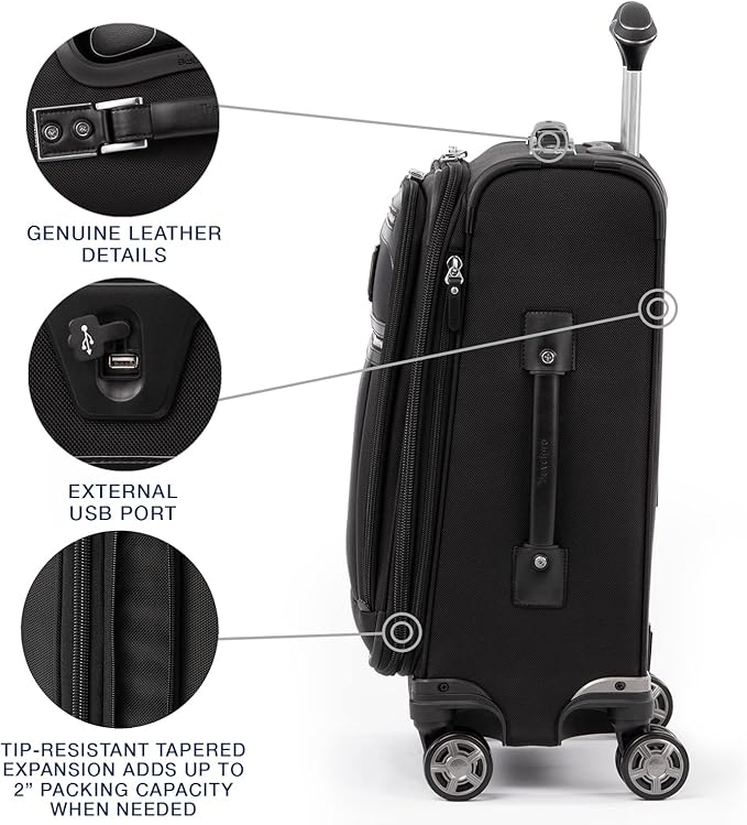 Travelpro Platinum Elite Softside Expandable Carry on Luggage, 8 Wheel Spinner Suitcase, USB Port, Laptop and Tablet Sleeves, Men and Women, Shadow Black, Carry On 20-Inch