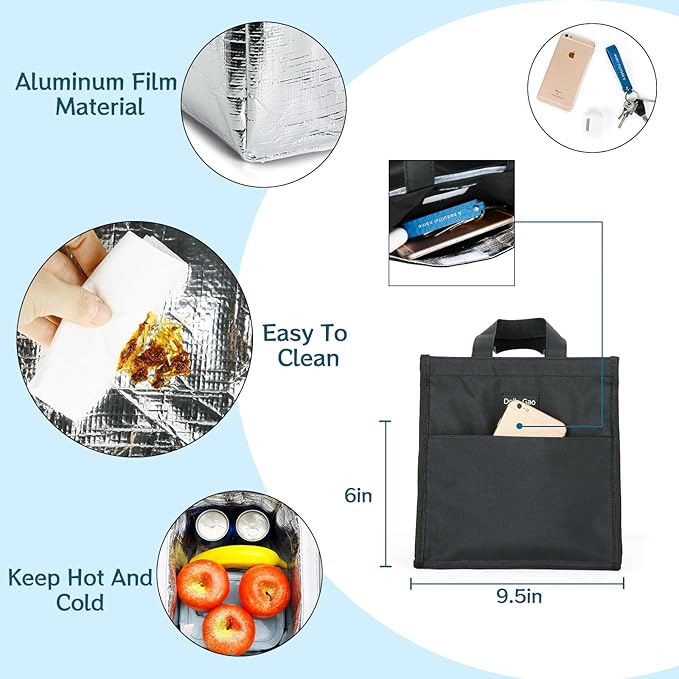 Della Gao Insulated Lunch Bag for Women Men, Waterproof Small Lunch Tote Lunch Box, Reusable Lunch Bags for Work, Party, Travel and Picnic (Black)