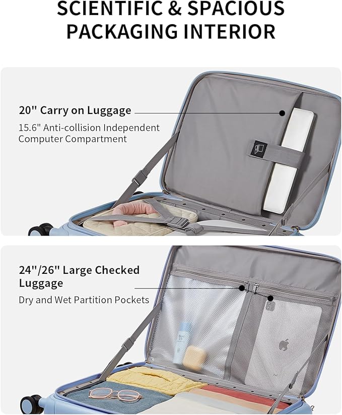 aji Expandable Top Open 26 Inch Checked Luggage with Spinner Wheels, Large Suitcase with TSA Lock, Hardside Travel Luggage Suitcases for Men Women, for 24+Days Travel, Blueberry Blue
