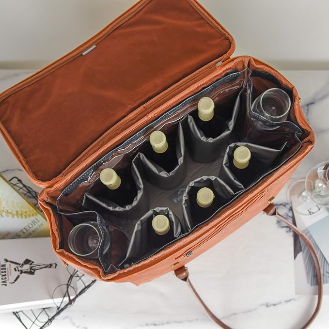 Freshore® 6 Wine Bottles Carrier Leather Bag - Insulated Cooler Travel Tote - Premium Large Portable Bottle Carrying, Waterproof Full Padding Wine Lovers Protection, Light Brown