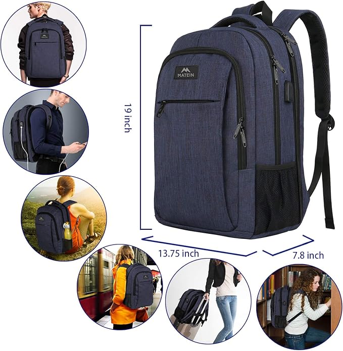 MATEIN Large College Backpack, Sturdy Computer Backpack with USB Charging Port Fits 17 inch Notebook, Carryon Luggage Travel Laptop Bag for Business Men and Women Christmas New Year Gift, Blue