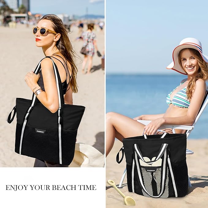 Beach Bag with Zipper - 8 Pockets Sandproof Beach Tote Bag for Women,Foldable Lightweight Family Swim Bag Vacation