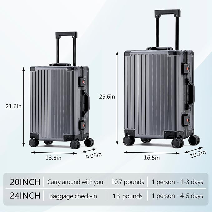 YYW Aluminum Carry-On Luggage Airline Approved Lightweight Suitcase with TSA Lock and Silent Wheels, Hardshell Spinner Business Travel (Gunmetal gray, 24in)