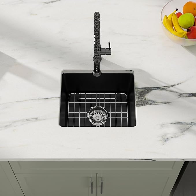 Dcolora 18 Inch Quartz Composite Black Wet Bar Sink Undermount Small Prep Granite Composite Kitchen Sink RV Single Bowl Under Counter, 18"x 16", DC-GU7746