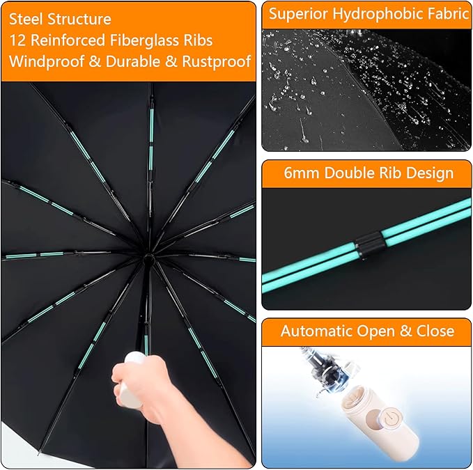 Large Double-Ribs Umbrella Automatic Folding Umbrella for Women Men, Travel, UPF 50+ UV Protection