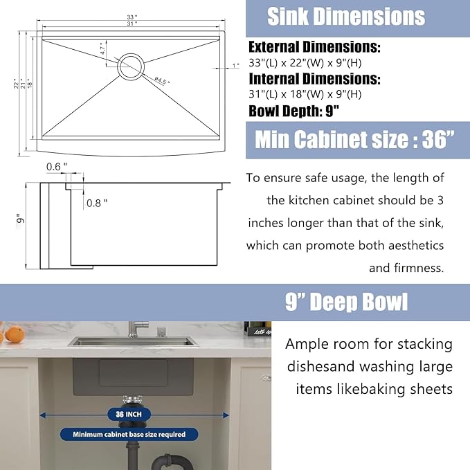Farmhouse Sink 33 Inch, 33x22 Inch Apron Front Farmhouse Kitchen Sink, 16 Gauge Stainless Steel Undermount Ledge Workstation Deep Single Bowl Luxury Rustic Farm Sinks with All Accessories