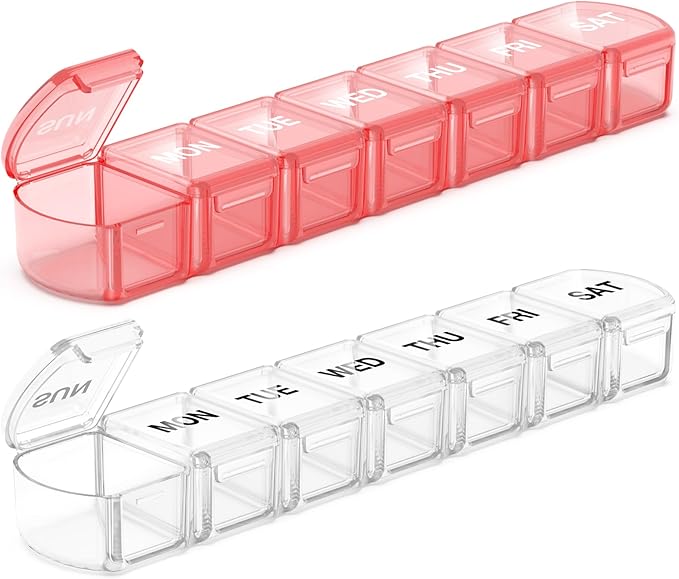 Extra Large Pill Organizer 2 Pack, XL Pill Box 7 Day, Weekly Pill Case with Large Capacity, Jumbo Organizer, BPA Free (Pink+White)