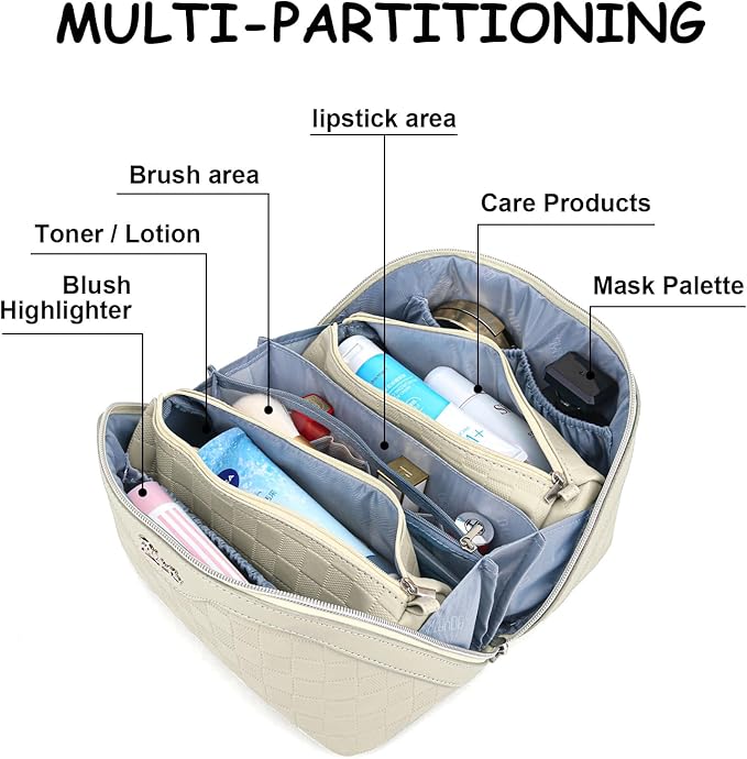 Travel Makeup Bag Organizer Cosmetic Bag: 3 Pcs Set Make up Bags for Women with Handle - Waterproof Vegan Leather Toiletry Bags with Comparments (C-04-Beige)