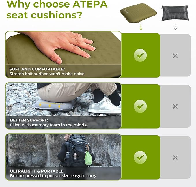 ATEPA Inflatable Stadium Seat Cushion, Self-Inflating Memory Foam Stadium Seats Bleacher Seat Chair Cushion Pad for Airplane Travel Backpacking Sports Events