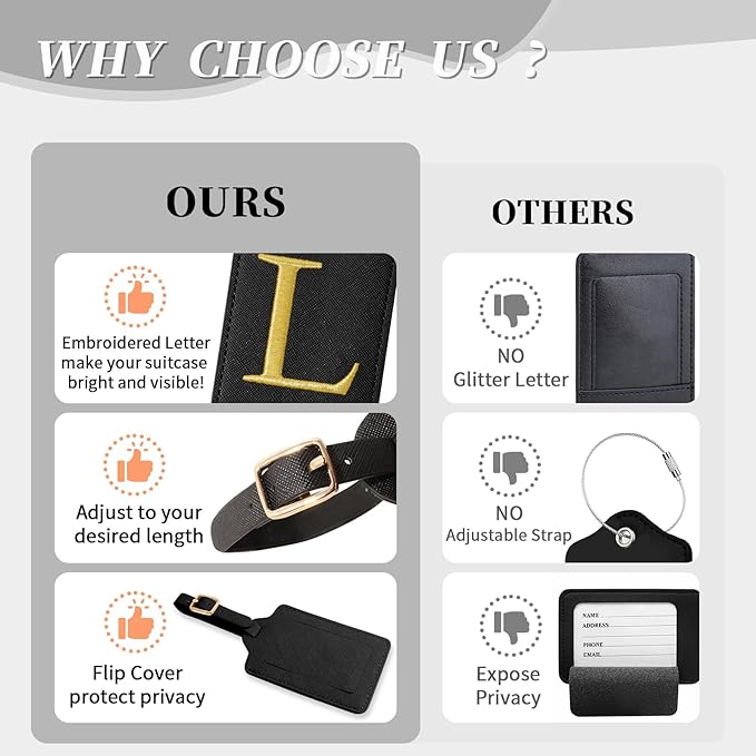 Personalized Initial Luggage Tags for Suitcase TSA Approved, Black Leather Cute Luggage Tag with Privacy Cover Name Card, Embroidered Custom Luggage Tags Travel Backpack Tags Gifts for Women Kids(L)